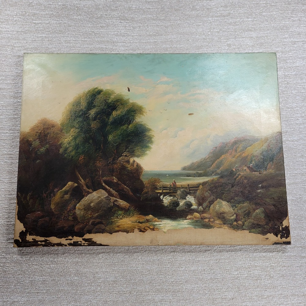 Antique 1800s Original Landscape Oil Painting Bridge Stream Coastal Scene READ